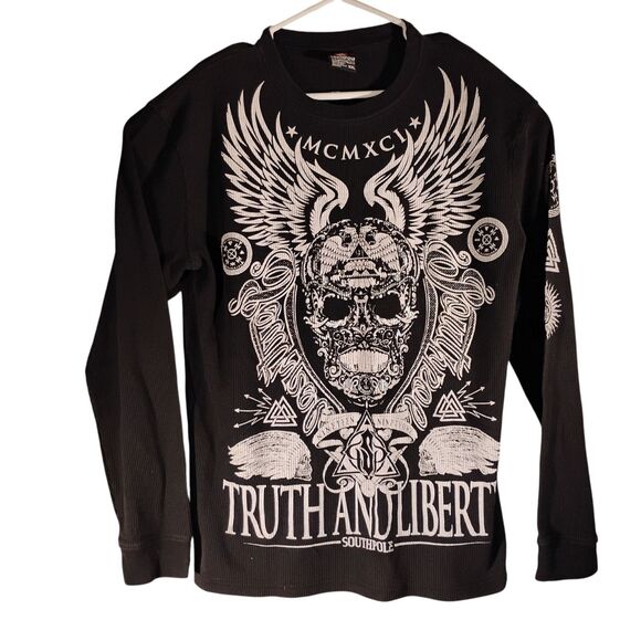 SouthPole tshirt mens 2XL XXL black thermal waffle knit skull graphic tee long s - Picture 1 of 7